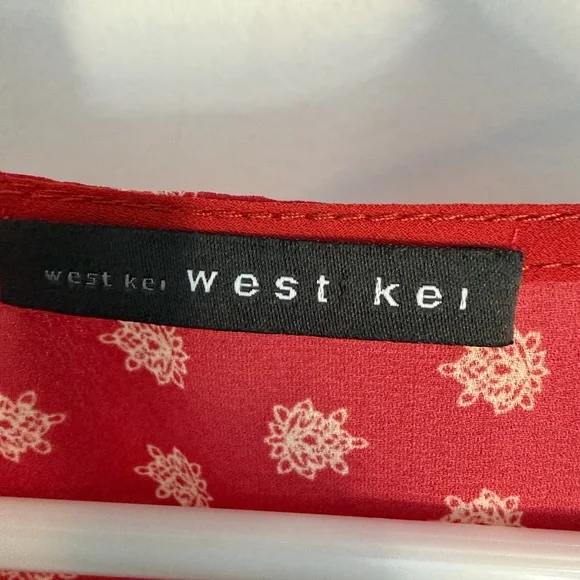 West Kei Red Boho Tie-Front Peasant Blouse with Ivory & Mustard Accents - Picture 3 of 6